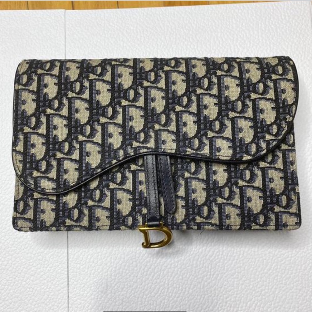 Christian Dior Oblique Saddle Chain Pouch Blue.